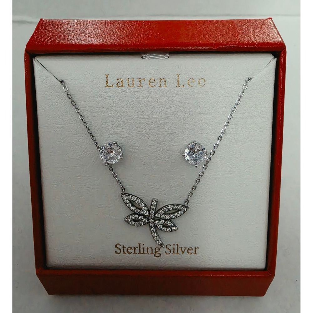 Lauren Lee Sterling Silver Dragonfly Necklace & CZ Stud Earring Set New In Box